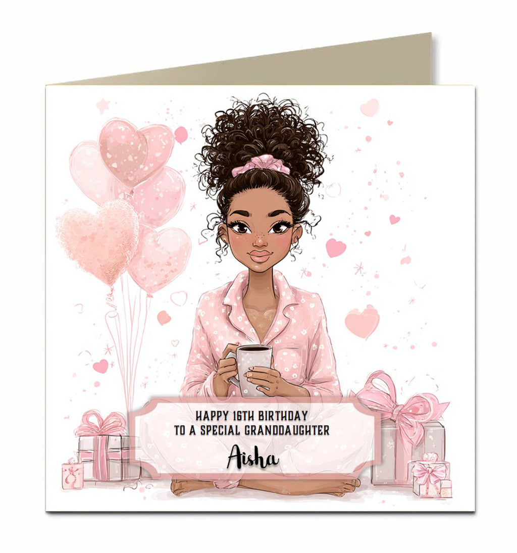 Personalised Birthday Card For Girls or Women Black Hair