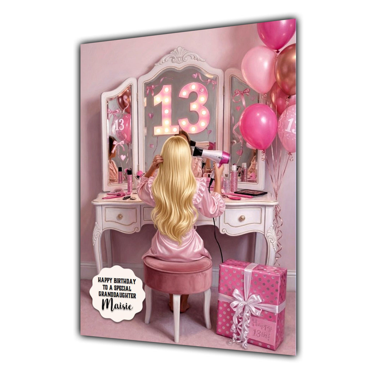 13th Birthday Card Hair Dryer Girl Granddaughter Daughter Large A5 Size