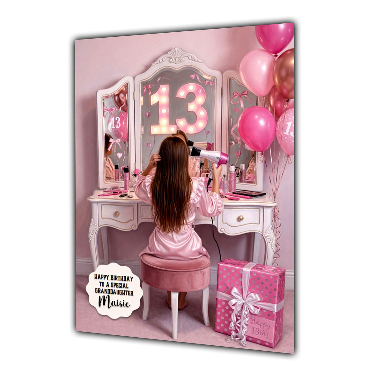 13th Birthday Card Hair Dryer Girl Granddaughter Daughter Large A5 Size