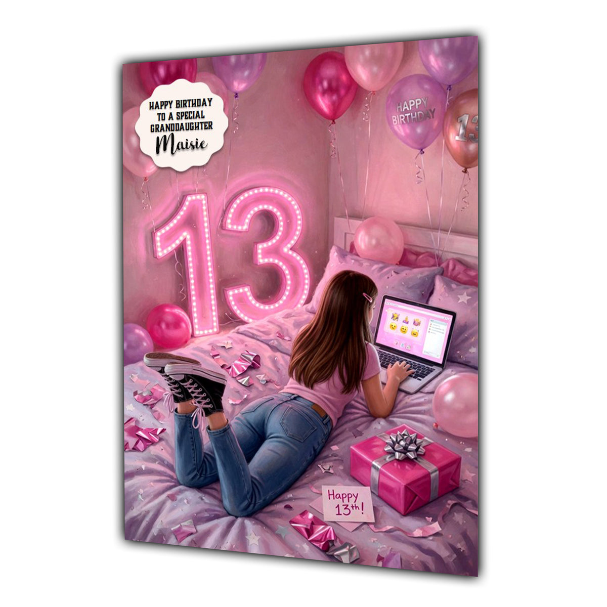 Personalised 13th Birthday Card - Girl Using a Laptop - Brown Hair