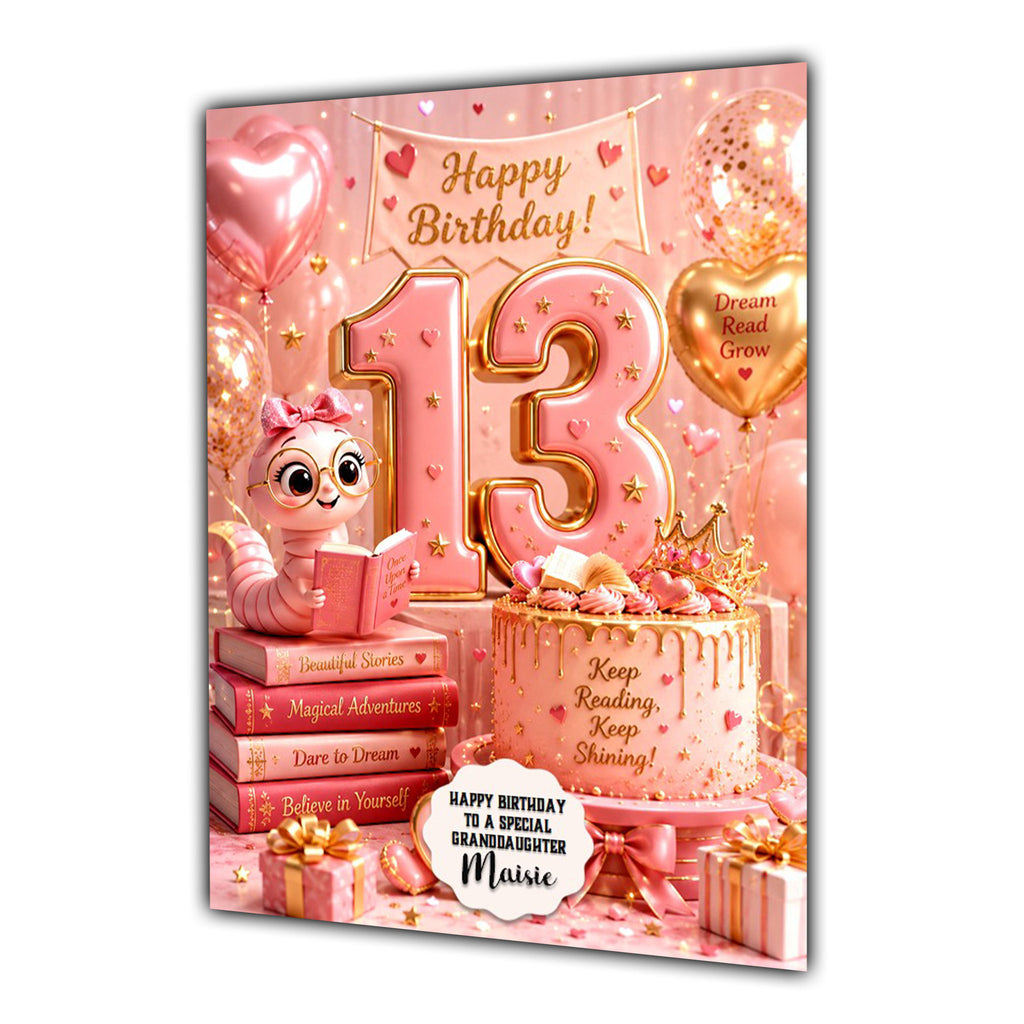 13th Birthday Card Book Reading Girl Granddaughter Daughter Large A5 Size