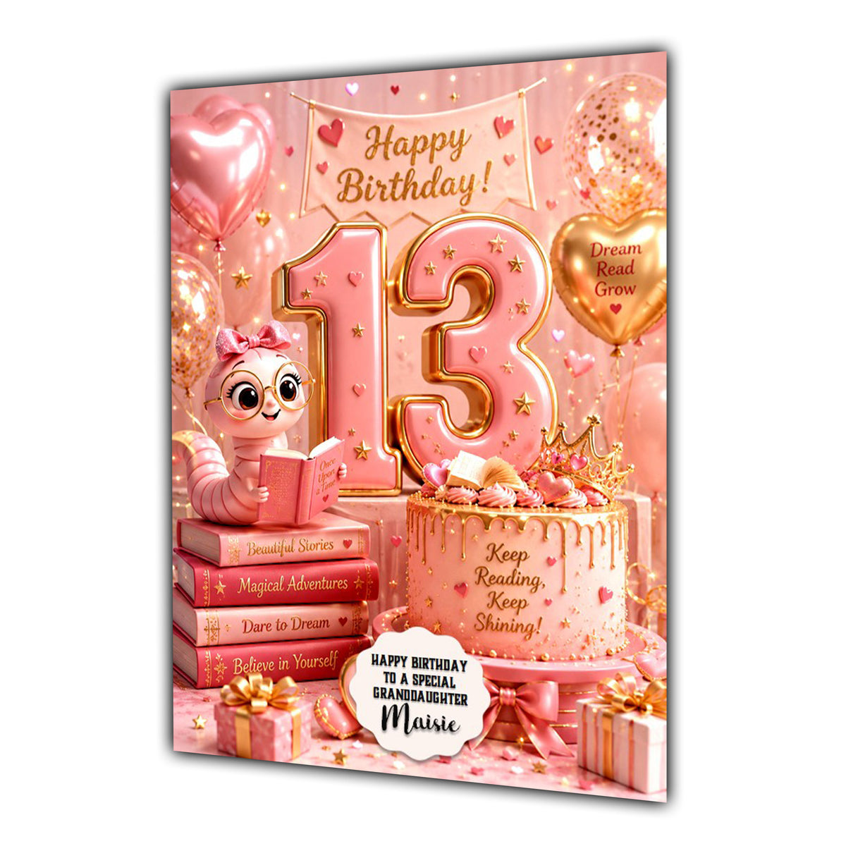 13th Birthday Card Book Reading Girl Granddaughter Daughter Large A5 Size