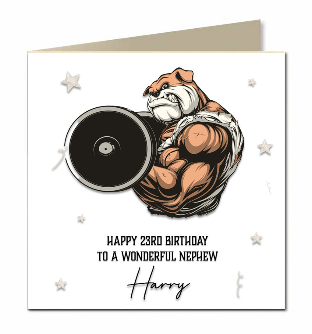 Personalised Birthday Card - Bulldog Lifting Weights