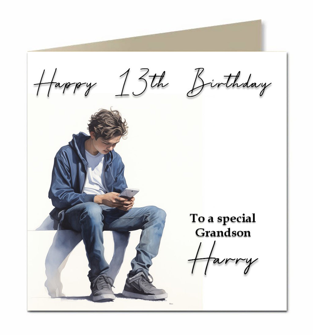 Personalised 13th Birthday Card - Boy Using a Phone