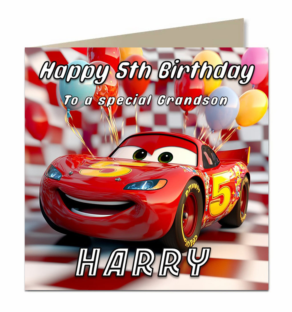 Personalised 5th Birthday Card - Red Cartoon Racing Car
