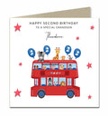 Personalised 2nd Birthday Card - Animals on a Red Double Decker Bus