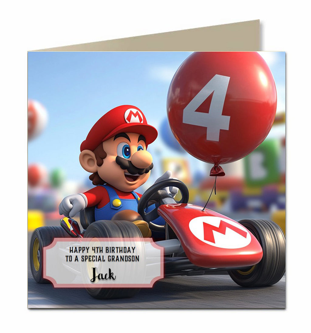 Personalised 4th Birthday Card - Mario Racing with Birthday Balloons