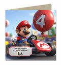 Personalised 4th Birthday Card - Mario Racing with Birthday Balloons