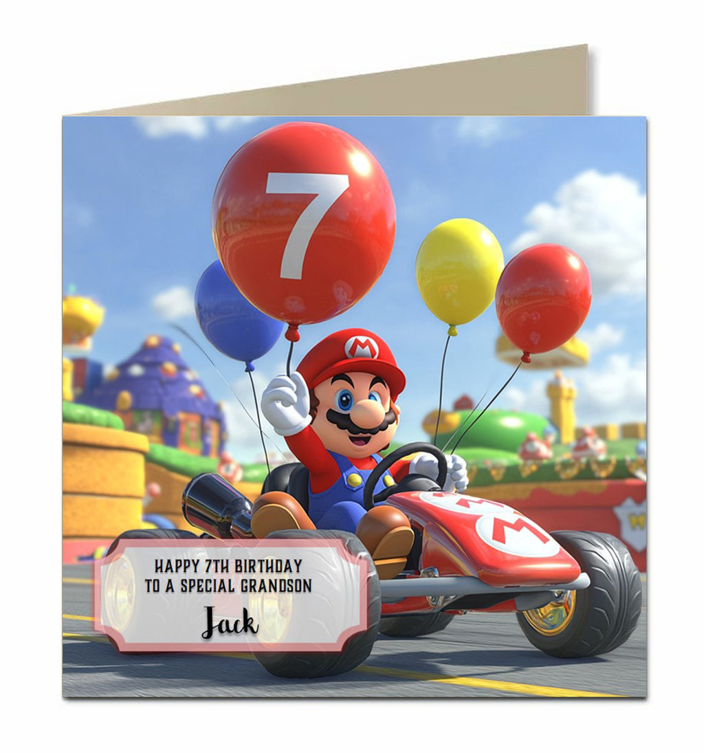Personalised 7th Birthday Card - Mario Racing with Birthday Balloons