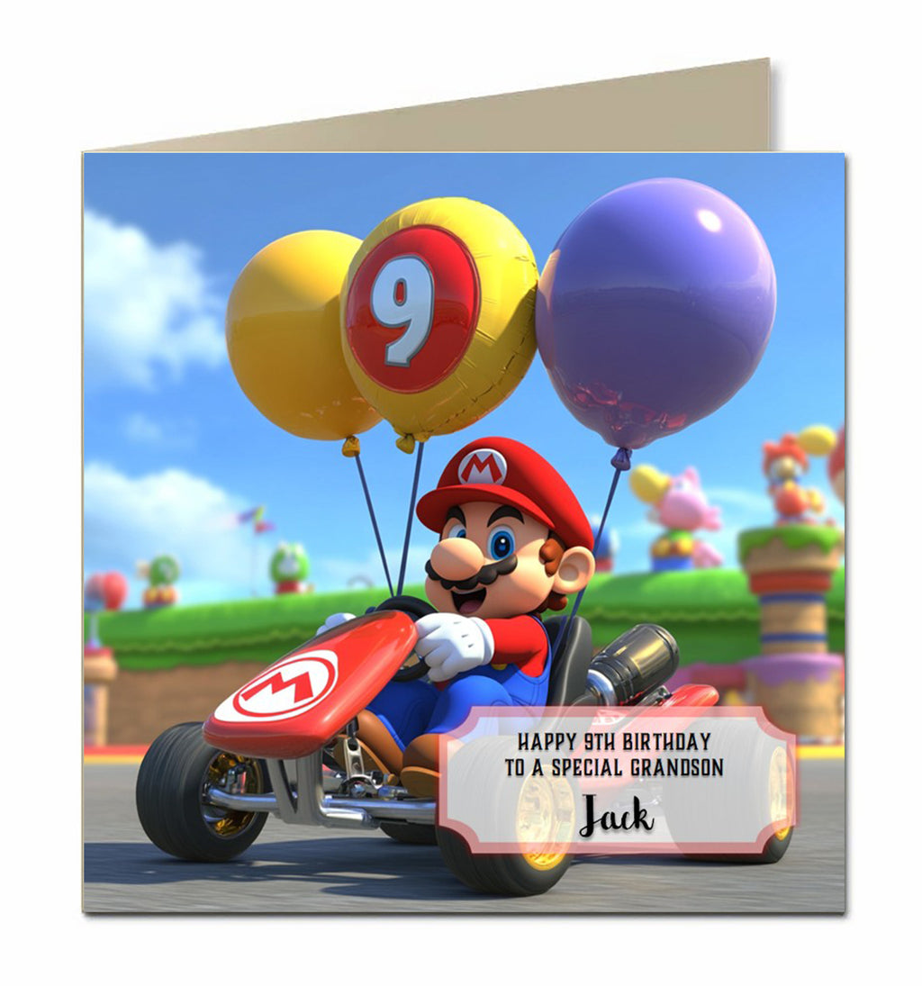 Personalised 9th Birthday Card - Mario Racing with Birthday Balloons