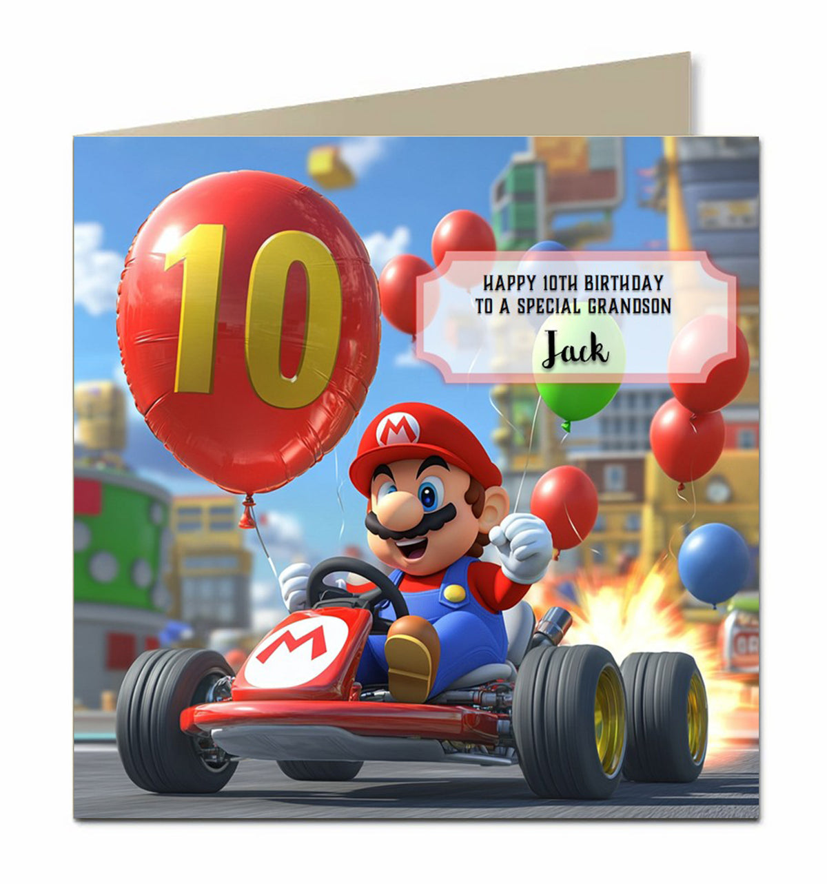 Personalised 10th Birthday Card - Mario Racing with Birthday Balloons