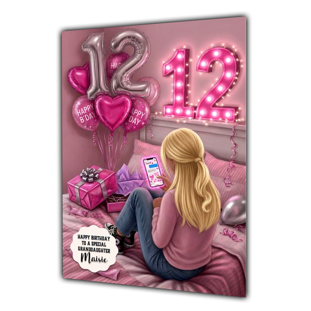 12th Birthday Card Texting Girl, Granddaughter, Daughter,  Large A5 Size