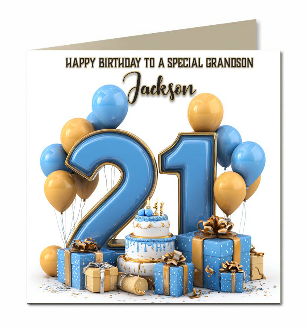 21st Birthday Card for Boys, Son, Grandson, Great Grandson, Nephew, Friend, Step Son, Godson, Brother, Personalised, Balloons