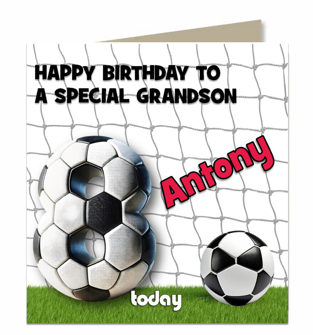 Personalised 8th Birthday Card - Football Birthday Number and Goal Net