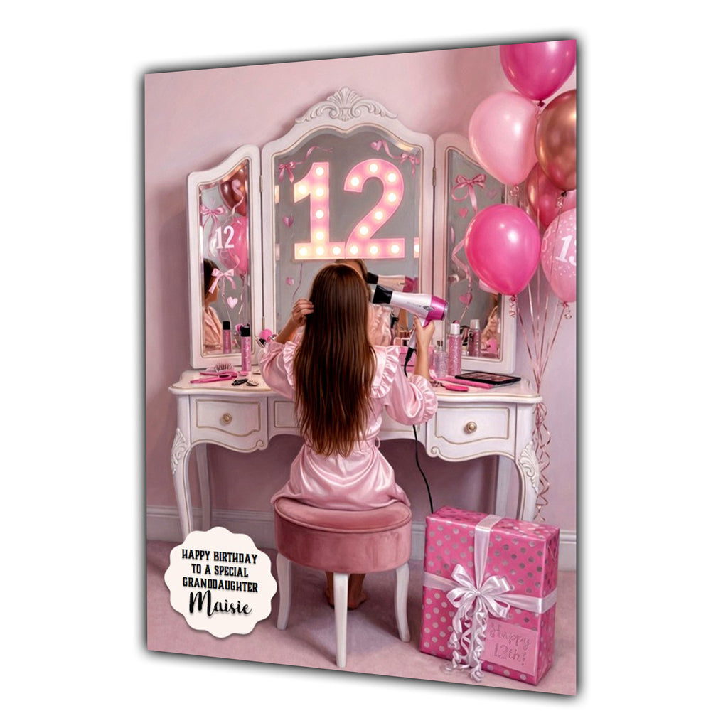 12th Birthday Card Hair Dryer Girl, Granddaughter, Daughter,  Large A5 Size