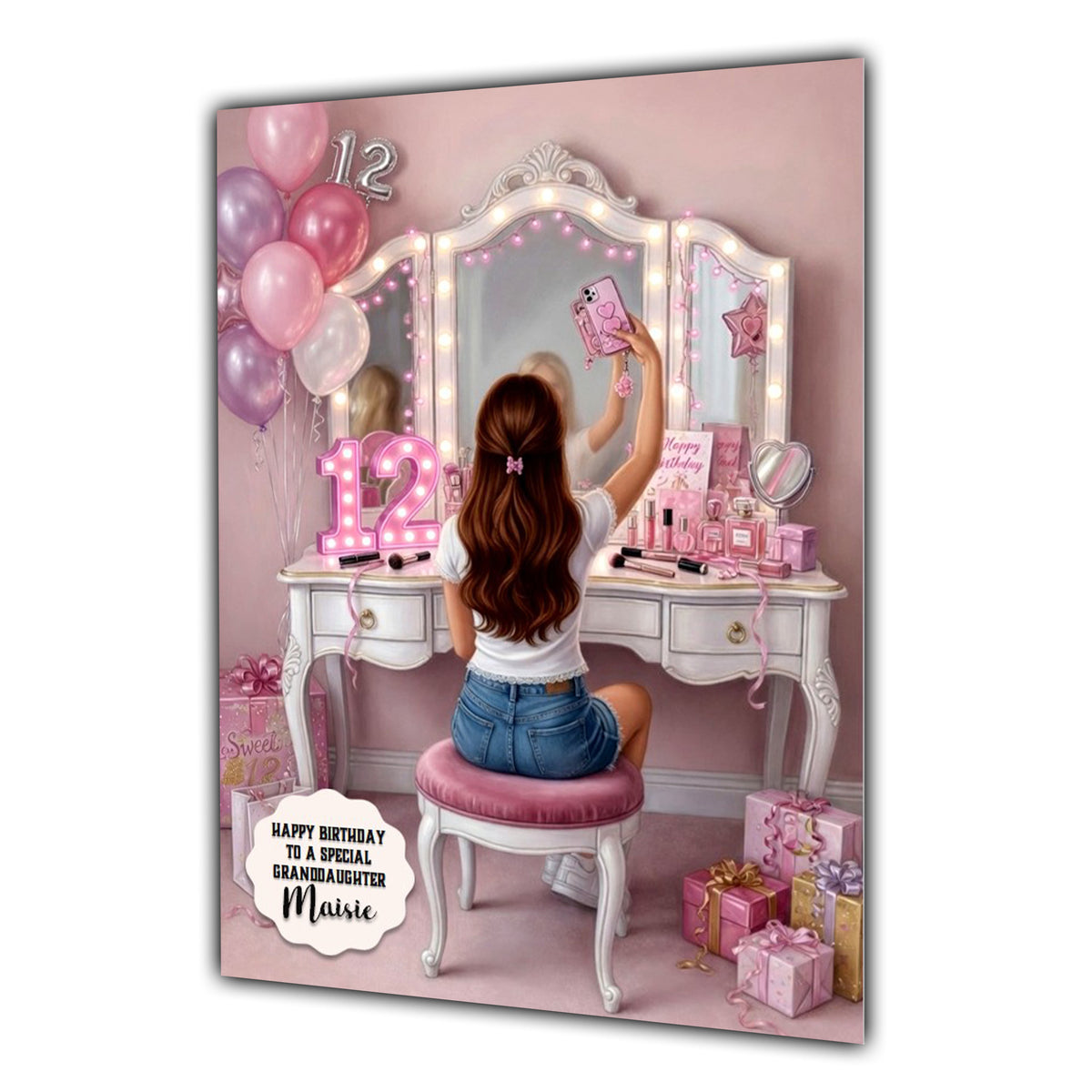 Personalised 12th Birthday Card - Girl at a Dressing Table - Brown Hair