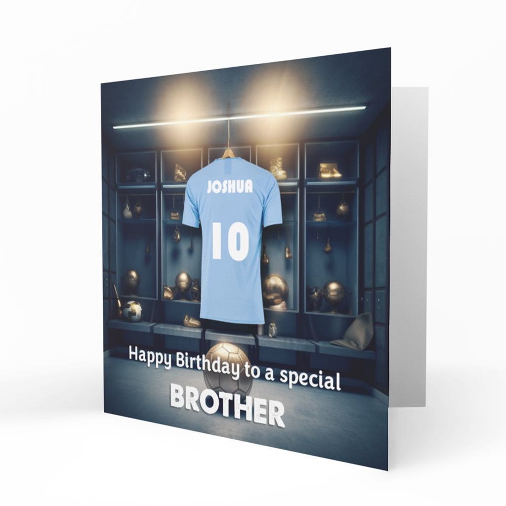 Personalised Birthday Card, Male, Boys, Mens, Son, Grandson, Brother, Boyfriend, Husband, Dad, Uncle, Light Blue Football Shirt, Top