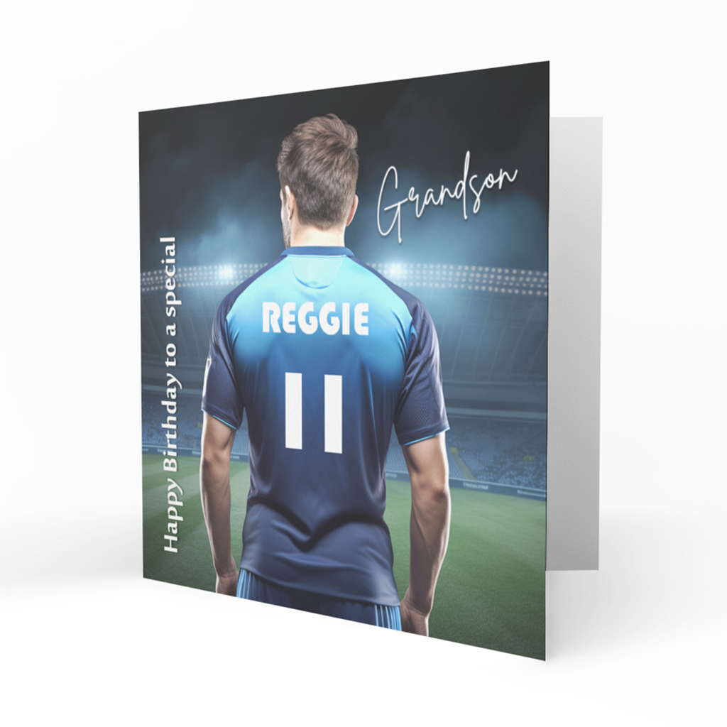 Personalised Birthday Card - Blue Football Shirt on a Player
