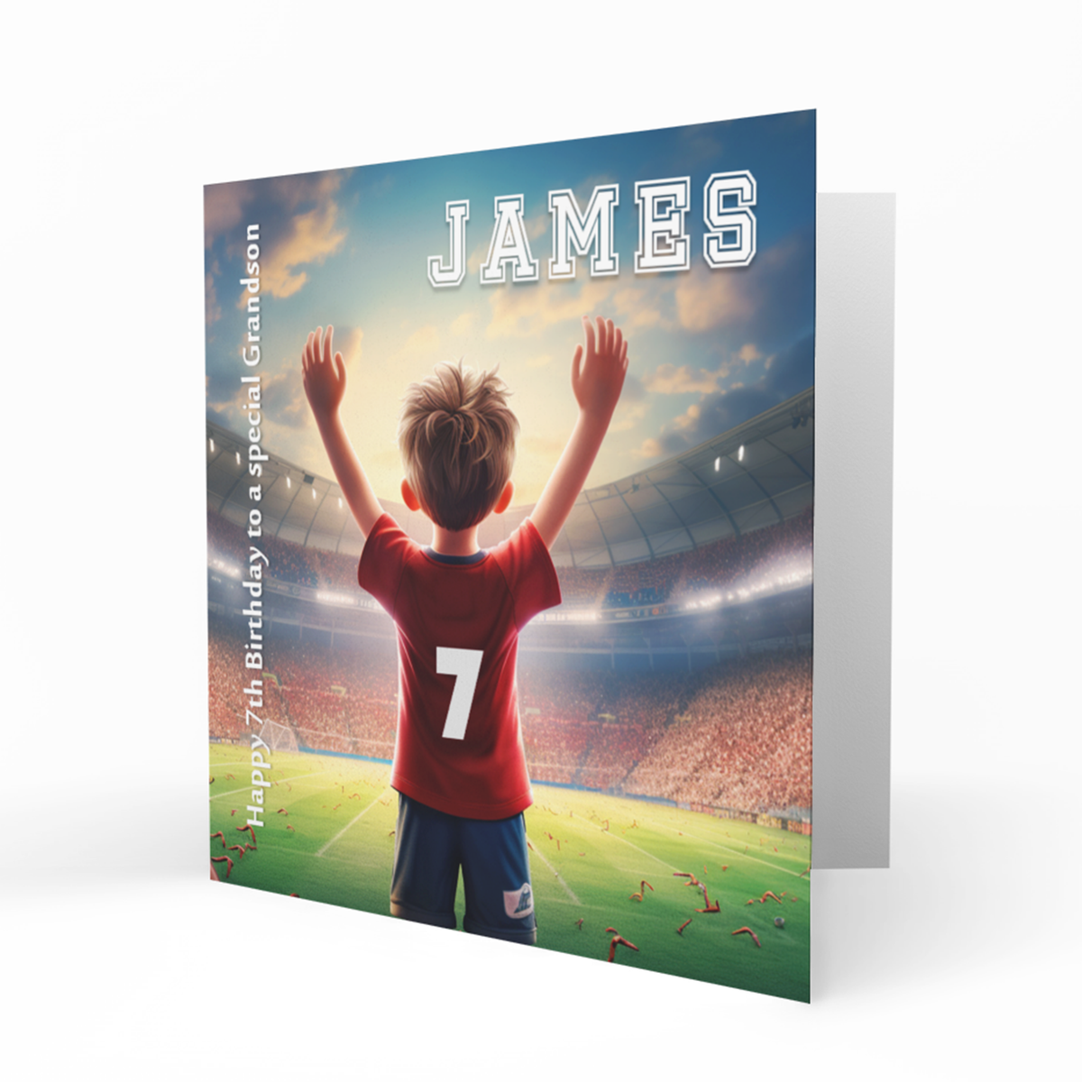 Personalised 7th Birthday Card - Boy in a Red Football Kit at a Stadium