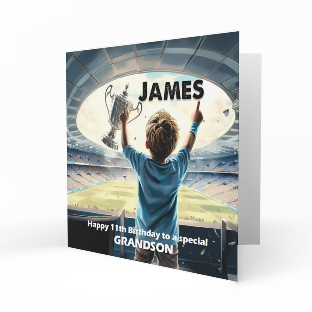 Personalised 11th Birthday Card - Boy in a Blue Football Kit with Trophy