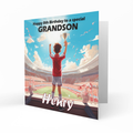 Personalised 8th Birthday Card - Boy in a Red Football Kit with Trophy
