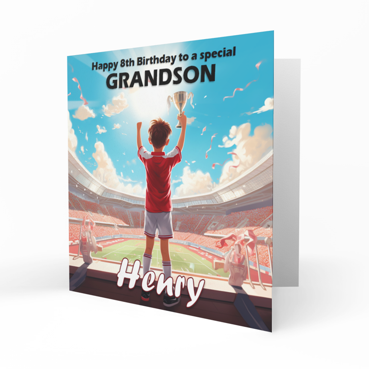 Personalised 8th Birthday Card - Boy in a Red Football Kit with Trophy