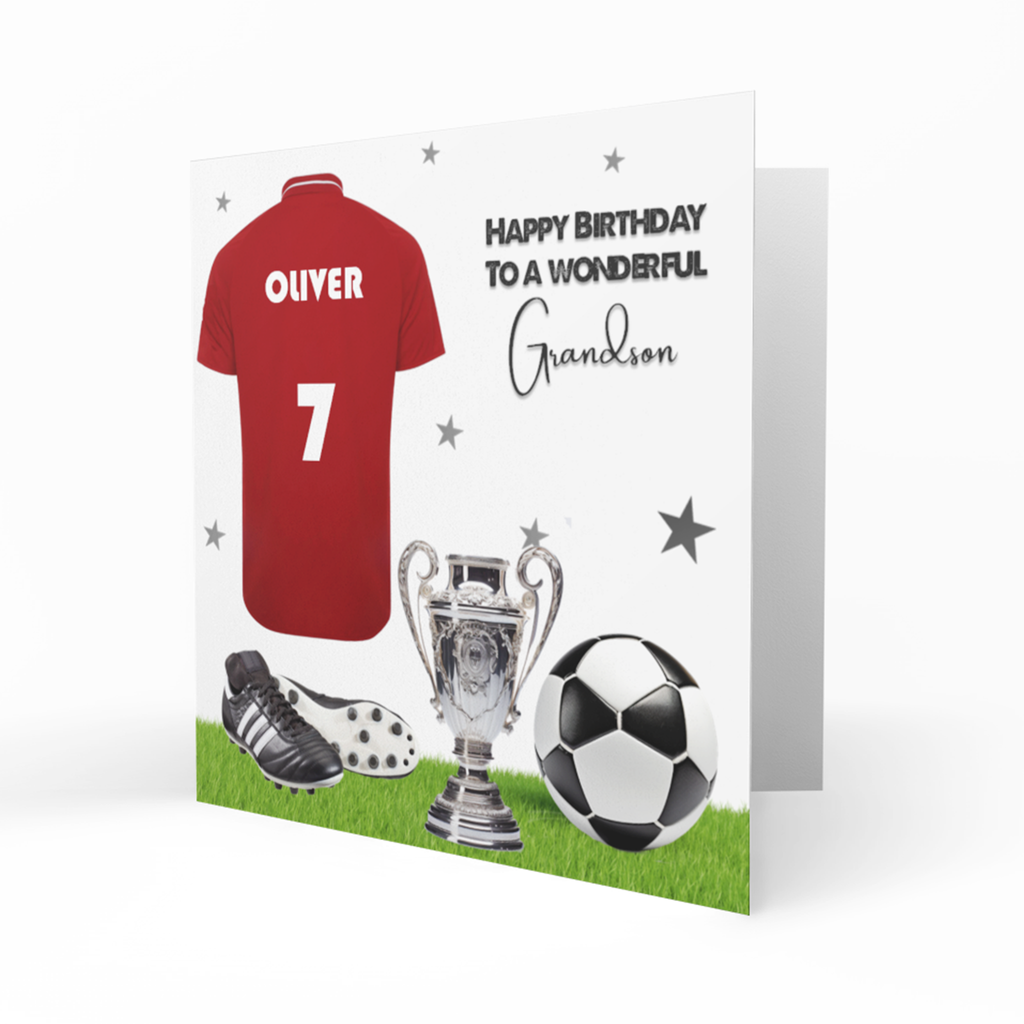 Personalised Birthday Card, Male, Boys, Mens, Son, Grandson, Brother, Boyfriend, Husband, Dad, Uncle, Football, Red