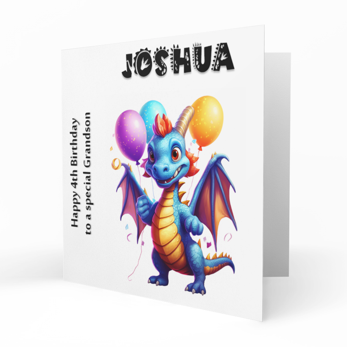 Personalised 4th Birthday Card - Blue and Orange Dragon with Balloons