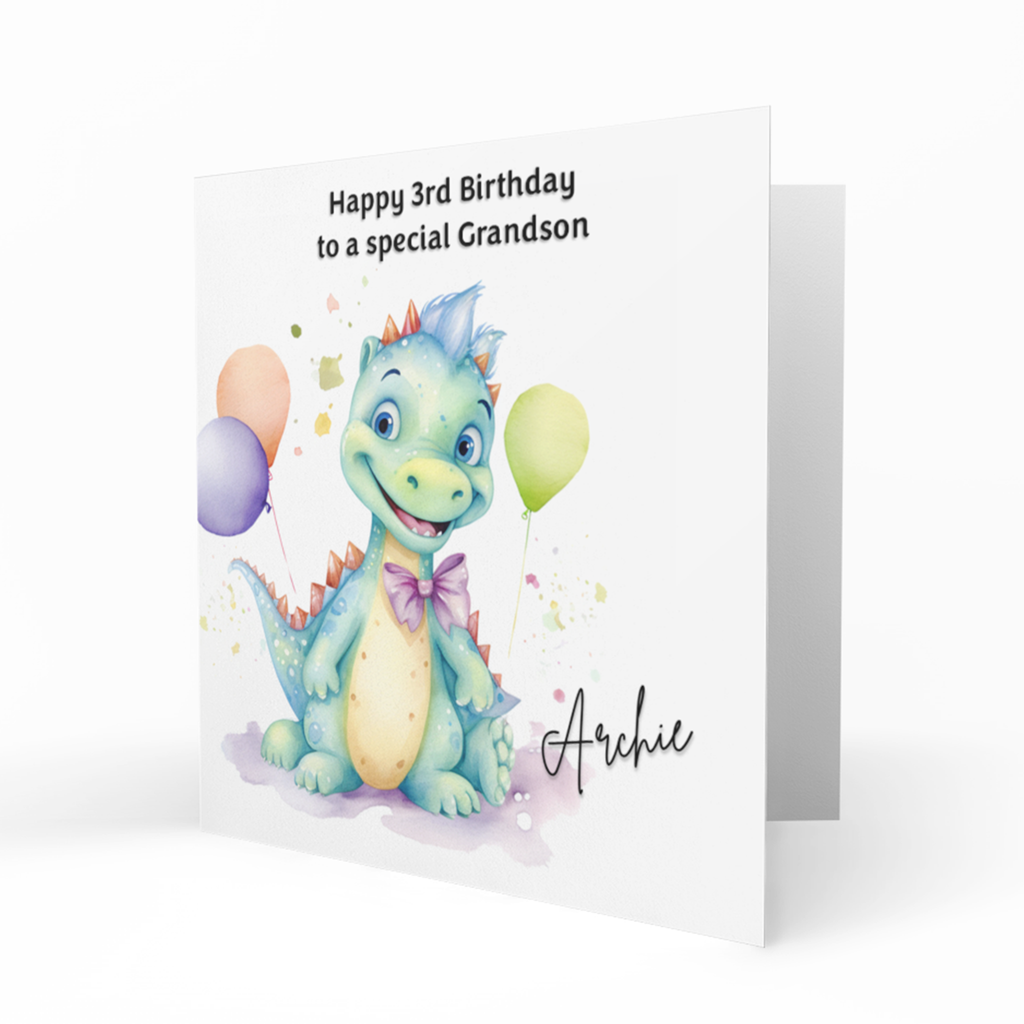 Personalised 3rd Birthday Card - Baby Dragon with Balloons