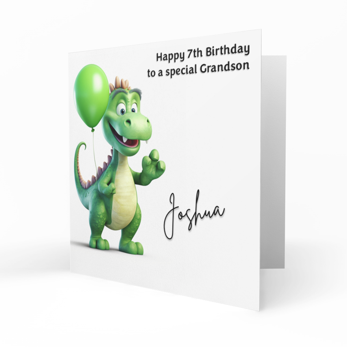 Personalised 7th Birthday Card - Green Dinosaur with Balloons