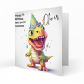 Personalised 7th Birthday Card - Orange and Green Dinosaur in Party Hat