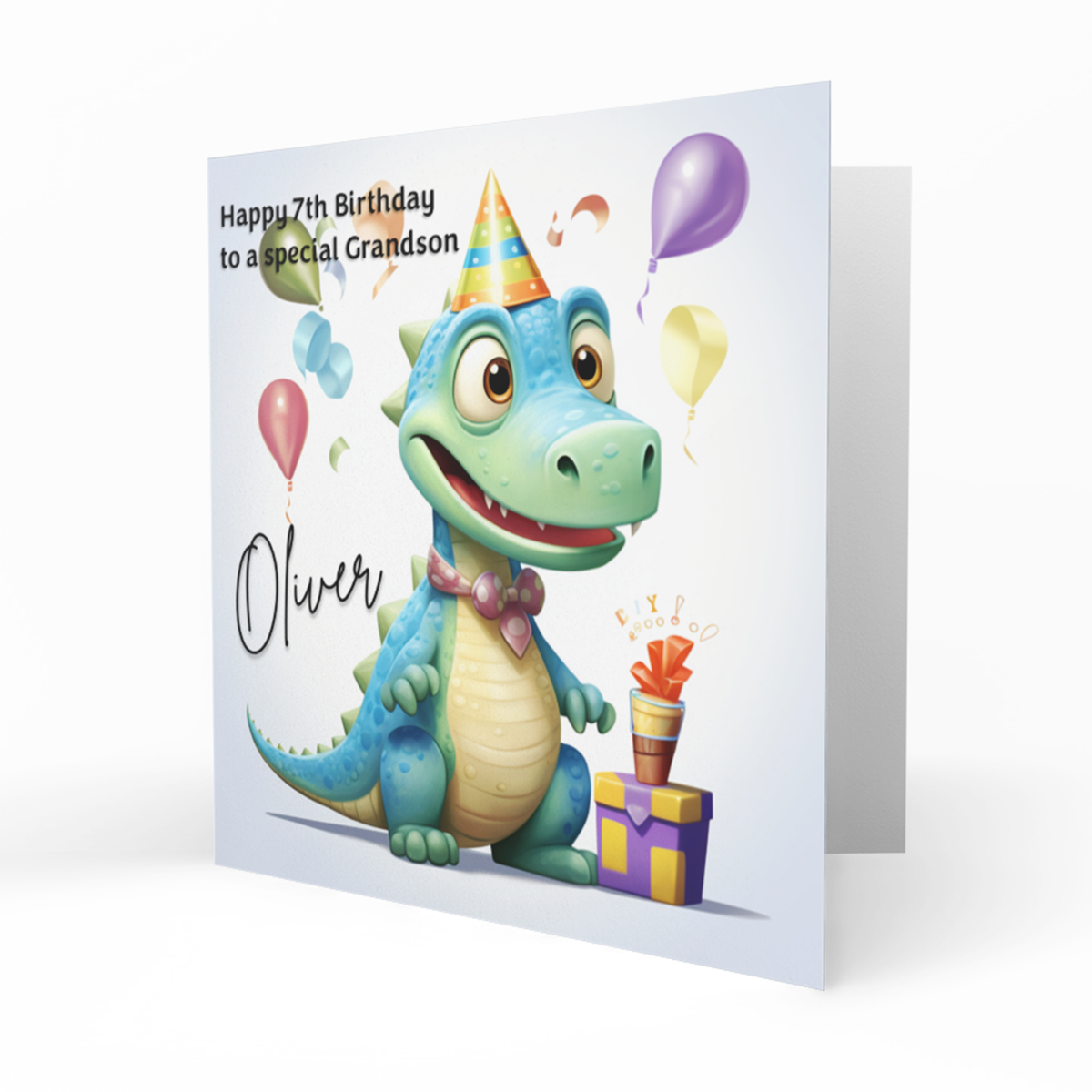 Personalised 7th Birthday Card - Turquoise Dinosaur with Presents