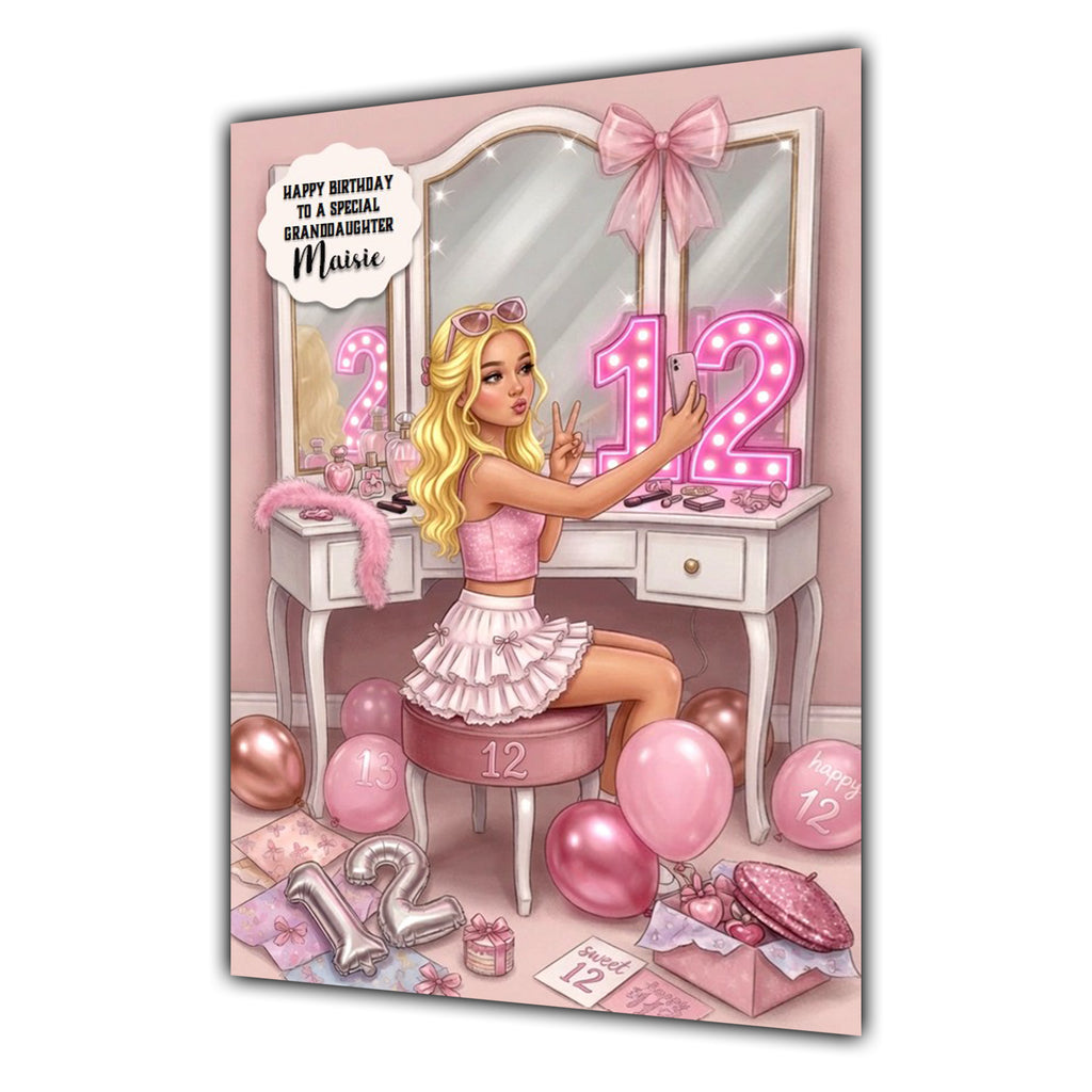 12th Birthday Card Selfie Girl, Granddaughter, Daughter, Large A5 Size