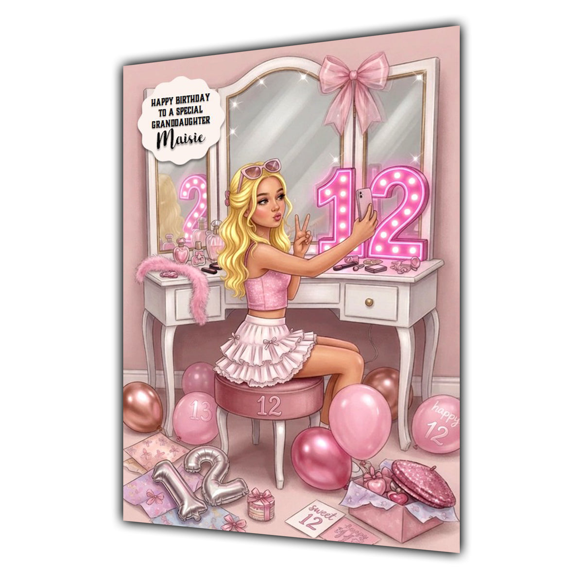 12th Birthday Card Selfie Girl, Granddaughter, Daughter, Large A5 Size