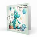 Personalised 4th Birthday Card - Turquoise Dinosaur with Balloons