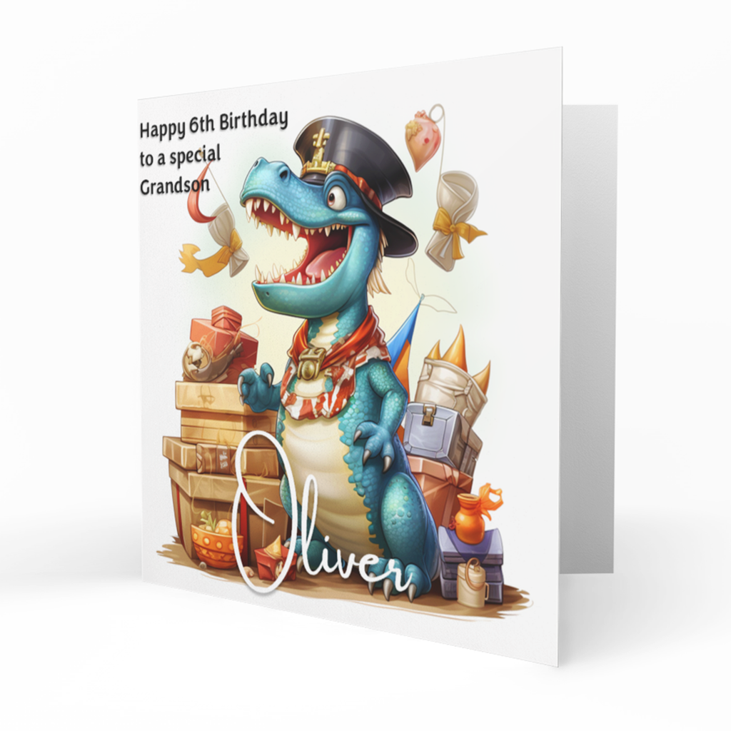 Personalised 6th Birthday Card - Pirate Dinosaur with Treasure