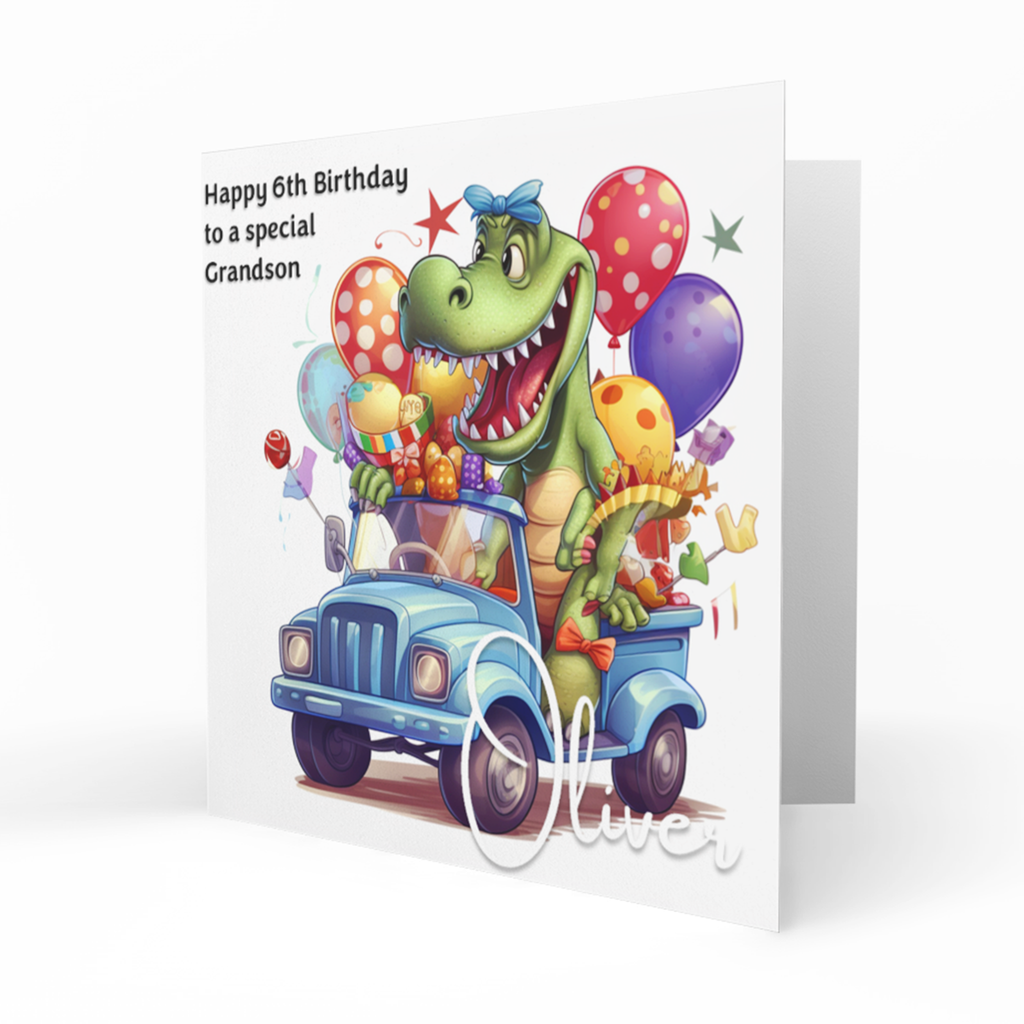 Personalised 6th Birthday Card - Dinosaur Driving a Blue Jeep