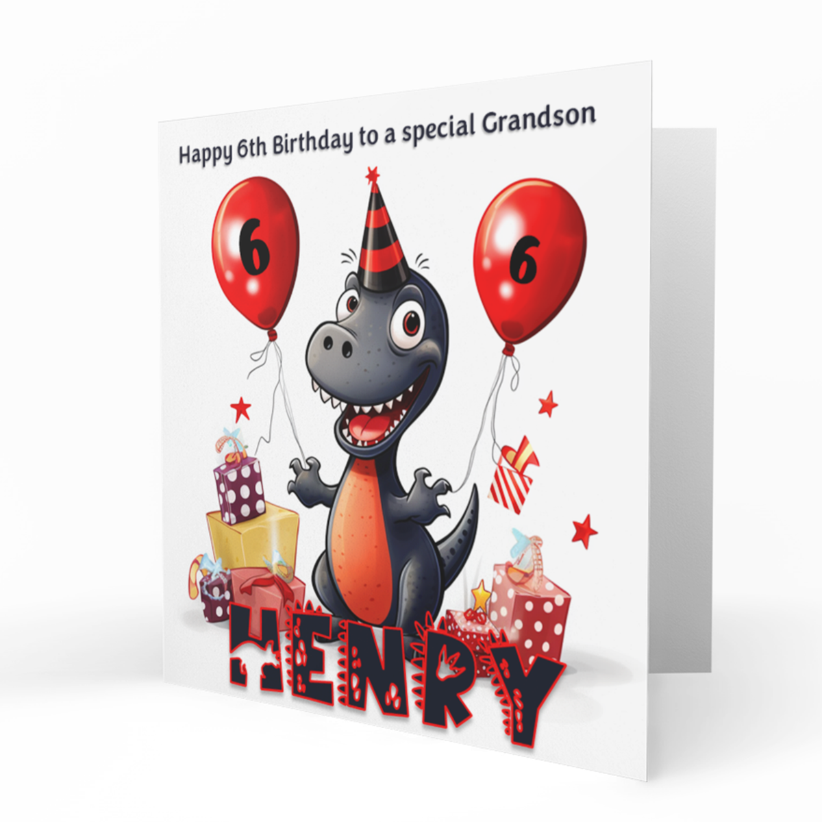 Personalised 6th Birthday Card - Black Dinosaur with Red Balloons