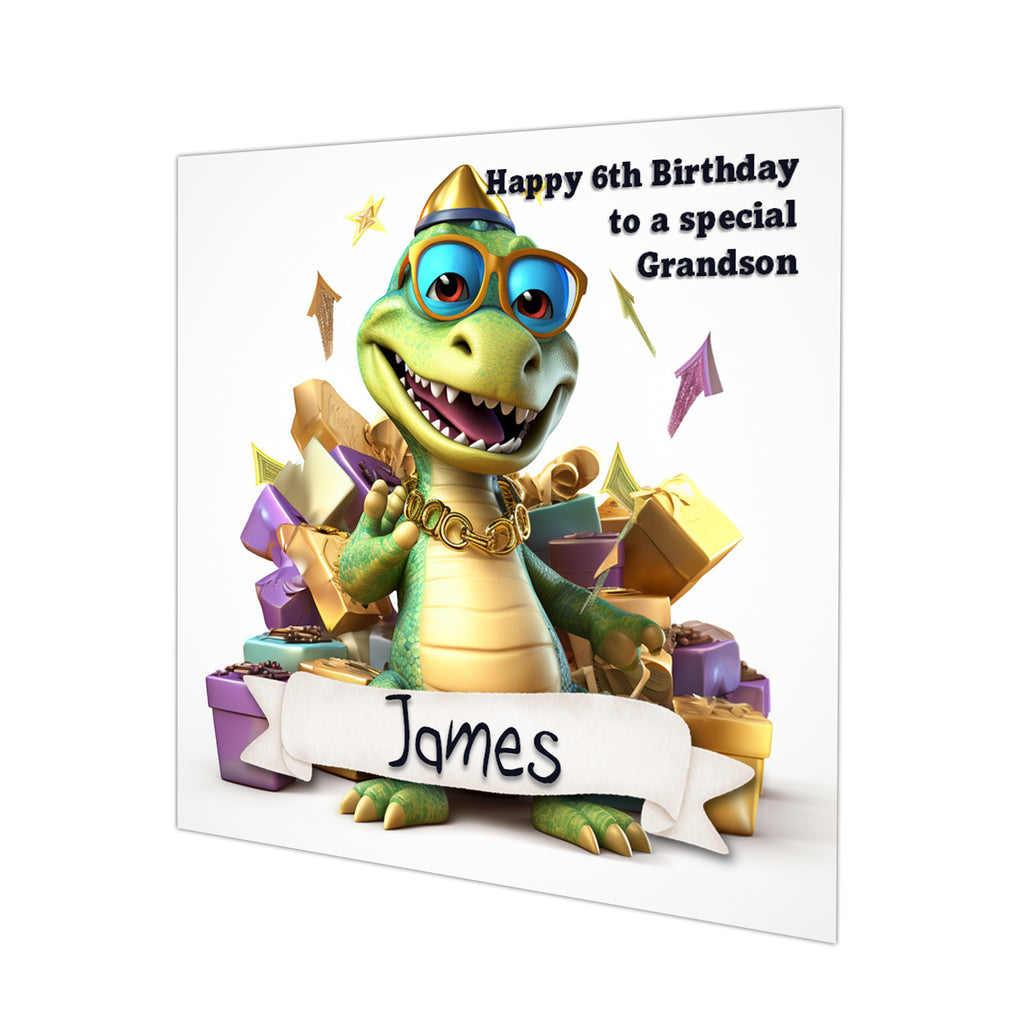Personalised 6th Birthday Card - Green Dinosaur with Sunglasses and Gold Presents