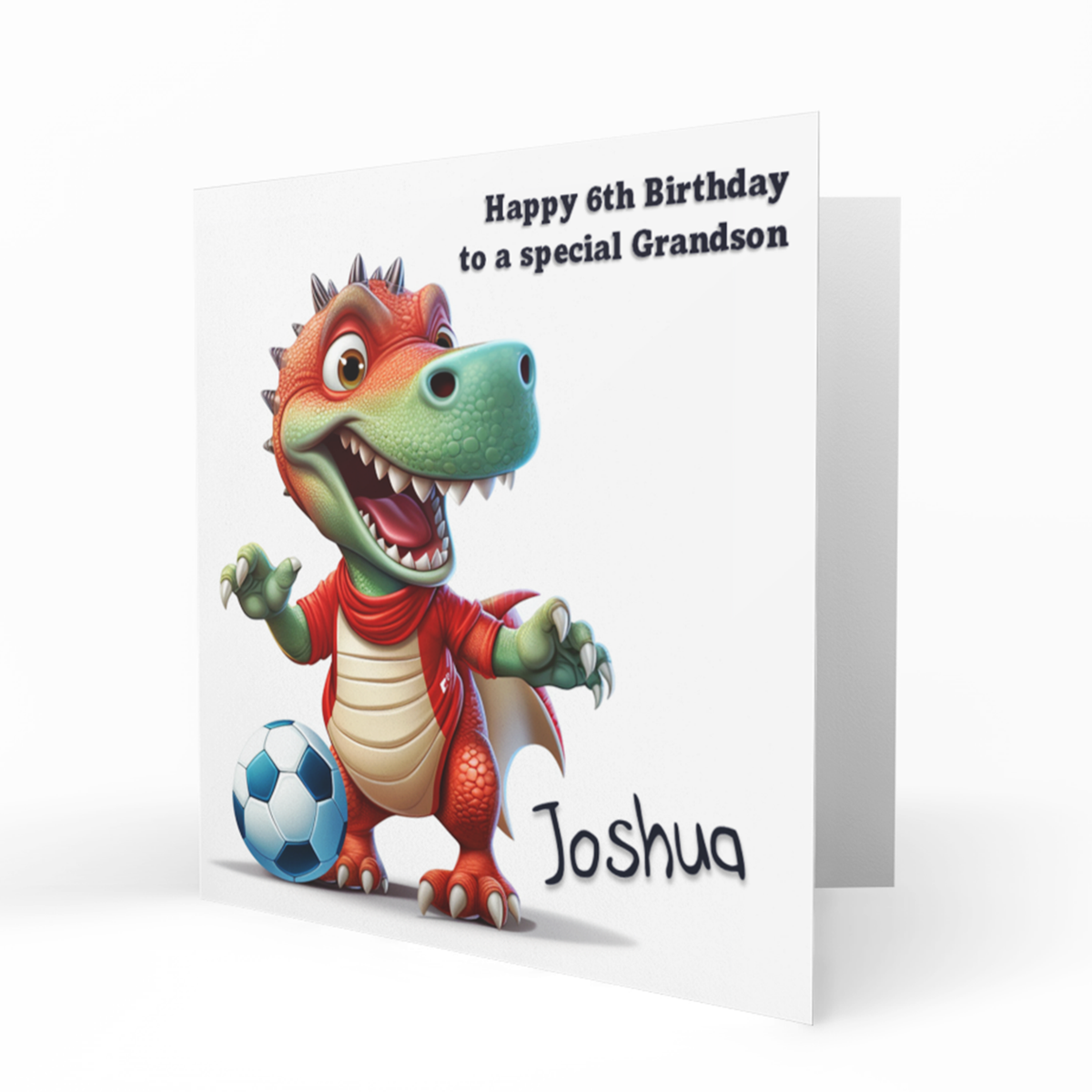 Personalised 6th Birthday Card - Red Dinosaur Playing Football