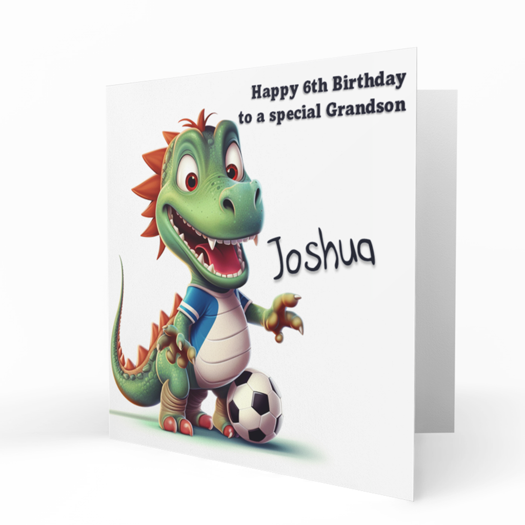Personalised 6th Birthday Card - Green Dinosaur Playing Football