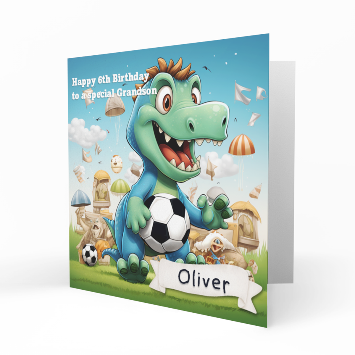 Personalised 6th Birthday Card - Green Dinosaur Playing Football by a Castle