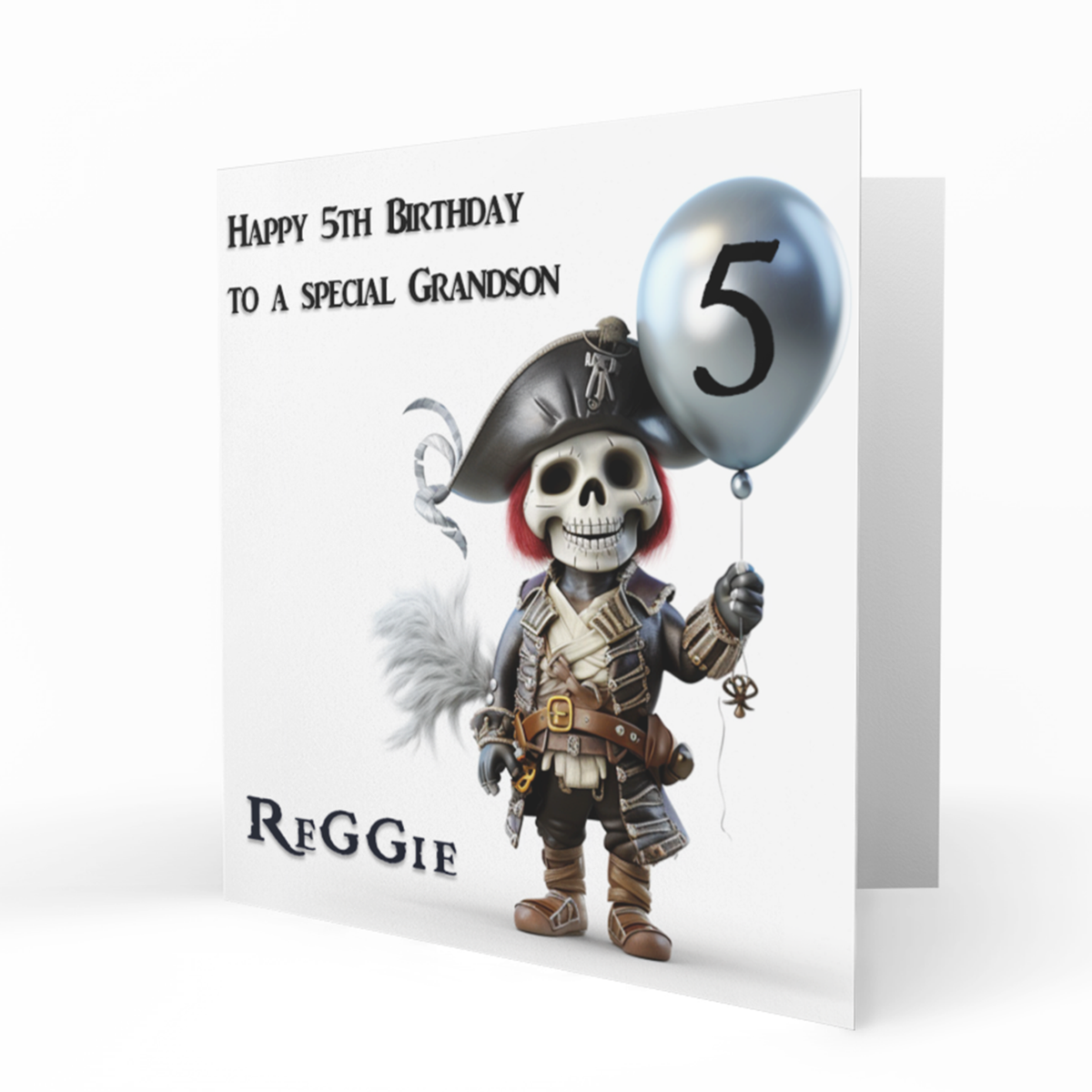 Personalised 5th Birthday Card - Skeleton Pirate with Balloon