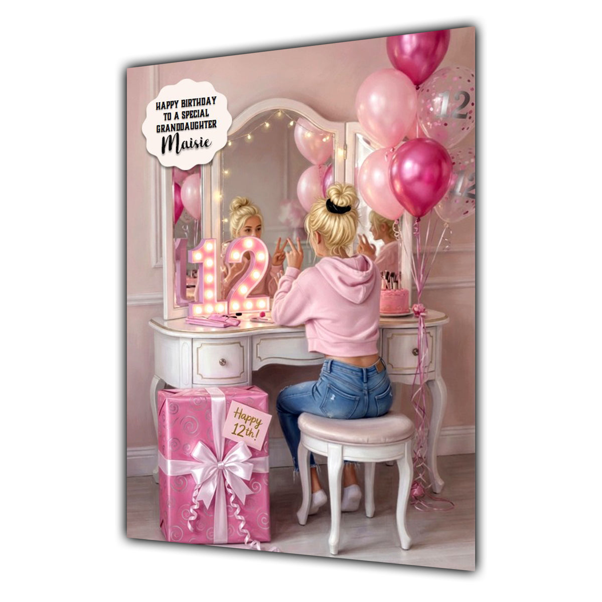 Personalised 12th Birthday Card - Girl at a Dressing Table - Blonde Hair