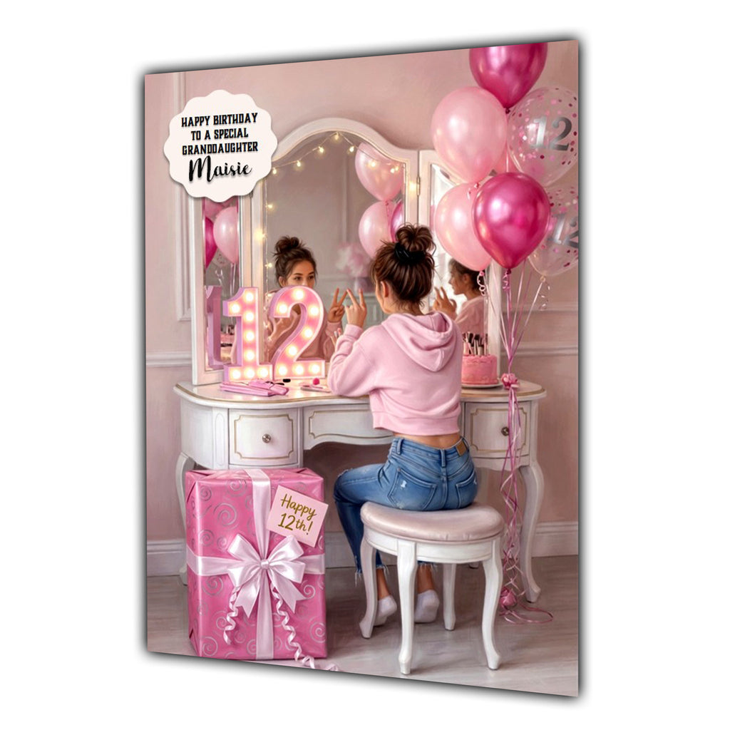 Personalised 12th Birthday Card - Girl at a Dressing Table - Brown Hair