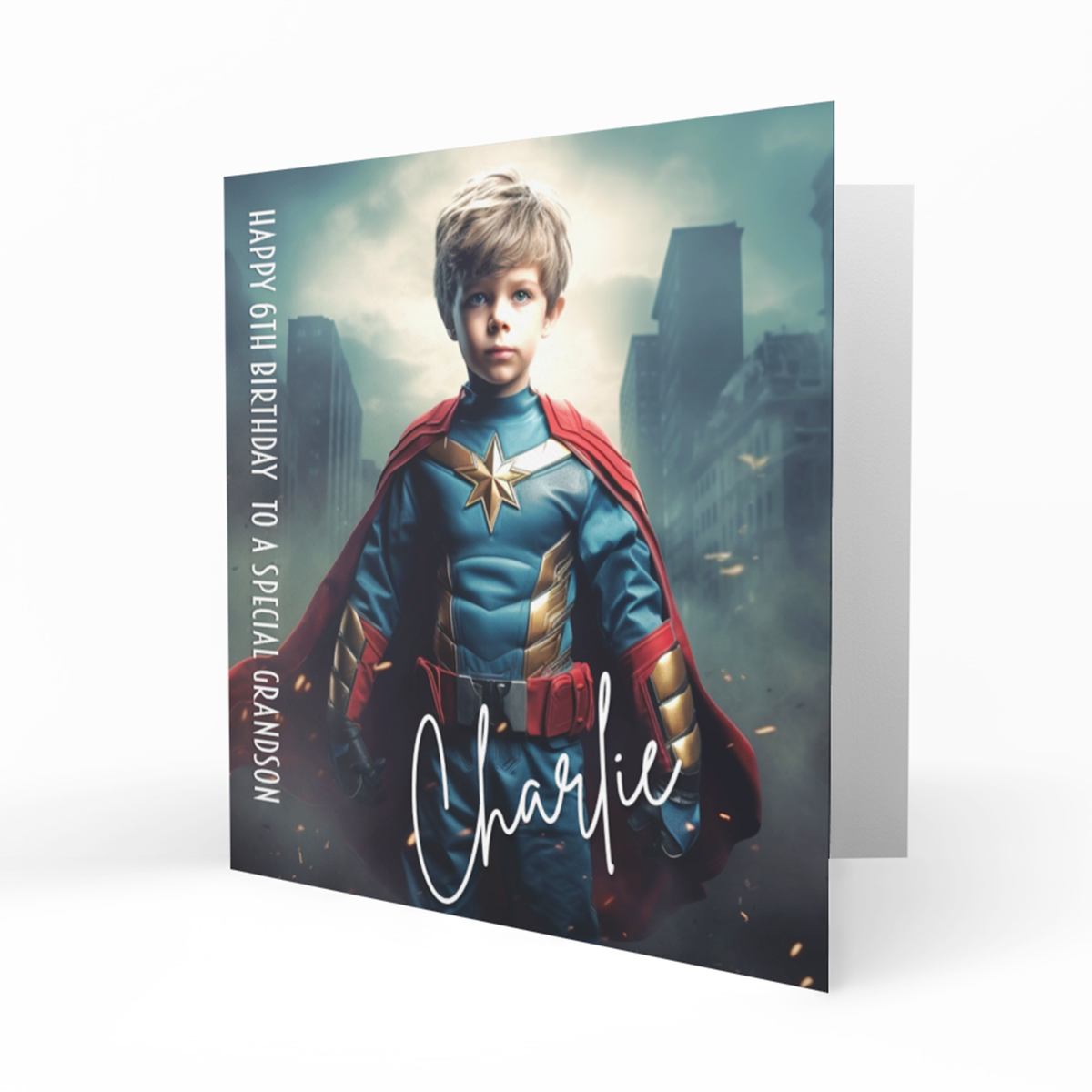 Personalised 6th Birthday Card - Boy in a Blue and Gold Superhero Suit