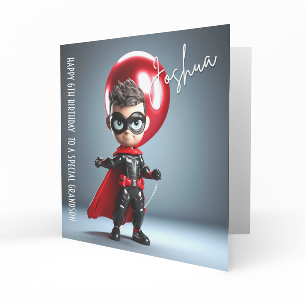Personalised 6th Birthday Card - Boy in a Black and Red Superhero Suit
