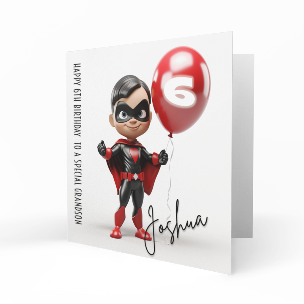 Personalised 6th Birthday Card - Boy in a Black and Red Superhero Suit