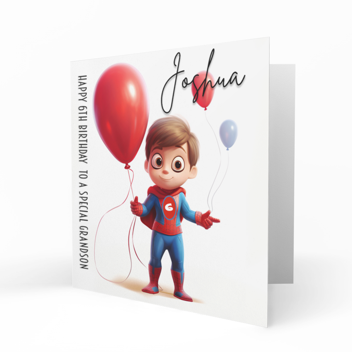 Personalised 6th Birthday Card - Cartoon Boy Superhero with Balloons