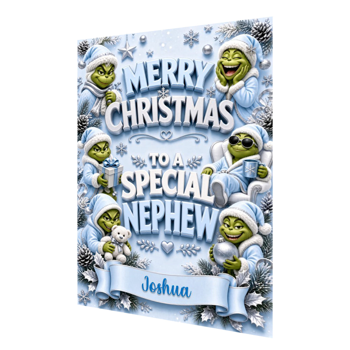 Personalised Christmas Card - Green Christmas Characters in Blue
